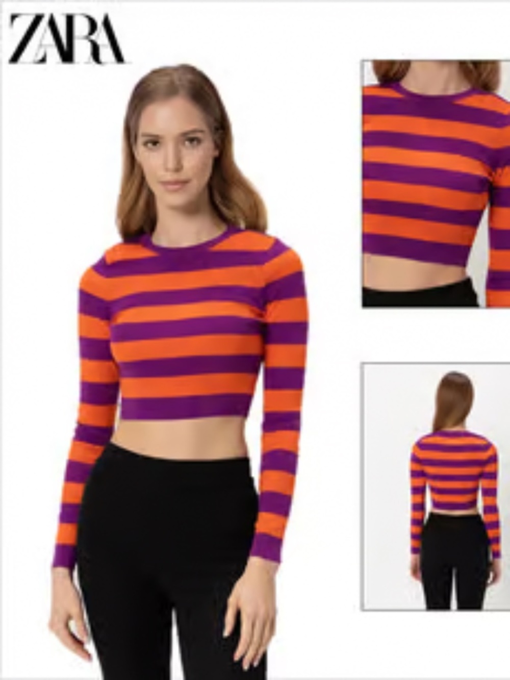 ZARA Women's Striped Long Sleeve Knit Crop Top Orange Purple Size Medium